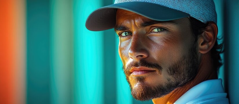 Handsome male golfer displaying strong emotions in a studio setting with a vibrant blue and green backdrop showcasing intense gaze and focus