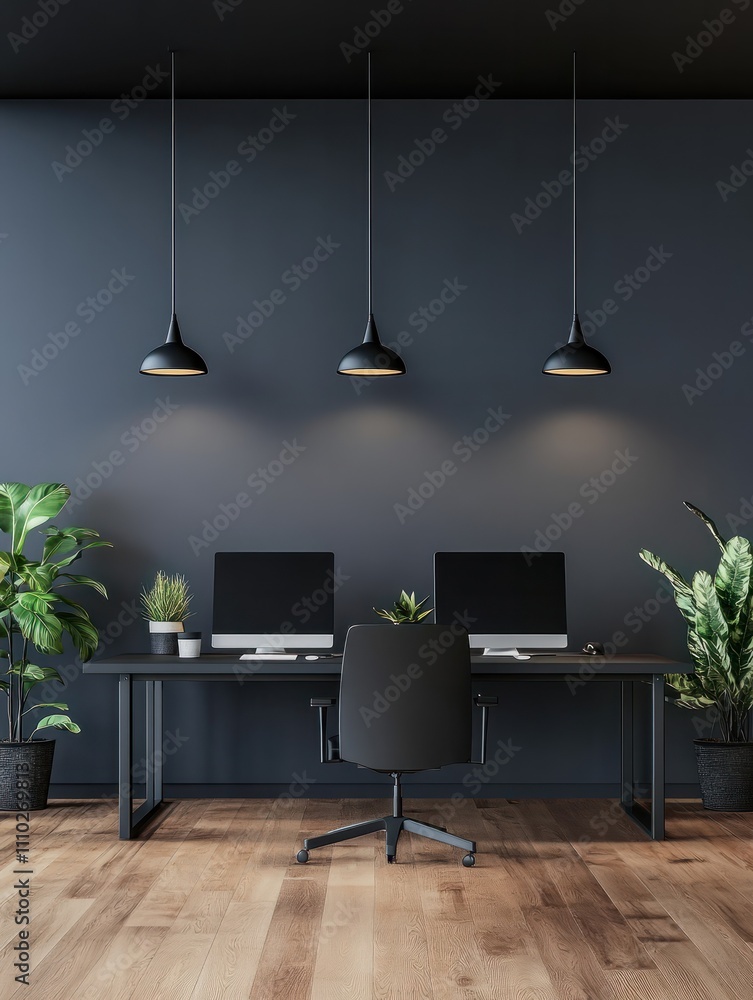Poster front view on blank light wall in spacious stylish office with modern computers and plants on dark w