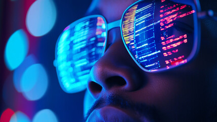 Close up of man face wearing futuristic VR glasses reflecting code