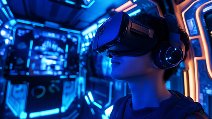 tech savvy man wearing VR goggles in futuristic environment
