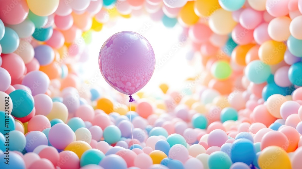 Poster violet balloon rising amidst a vibrant array of colorful balloons creating a whimsical tunnel effect