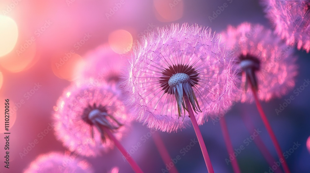 Poster Dandelion seeds illuminated by soft light against a vibrant purple background creating a dreamy and ethereal atmosphere.