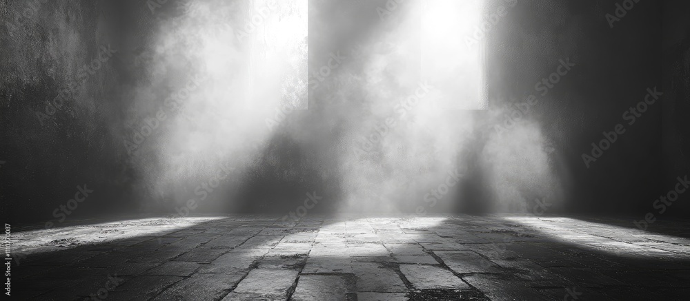 Poster mysterious dimly lit room with fog and light rays illuminating stone floor creating an eerie atmosph