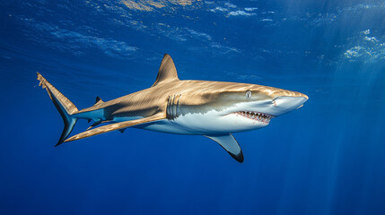 Fototapeta premium Ocean shark bottom view from below. Open toothy dangerous mouth with many teeth. Underwater blue sea waves clear water shark swims forward