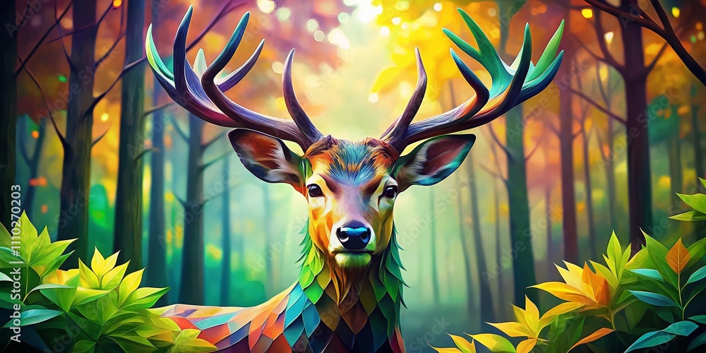 Poster colorful polygonal deer in a lush forest setting with vibrant geometric patterns and high depth of f
