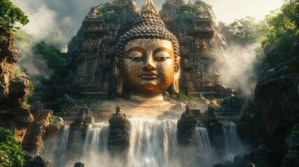 Majestic Buddha statue carved into a cliff face, with a waterfall cascading down its front.