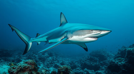 Naklejka premium Ocean shark bottom view from below. Open toothy dangerous mouth with many teeth. Underwater blue sea waves clear water shark swims forward