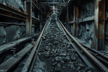 Naklejka premium Empty tunnel, post-apocalyptic shelter, rails going into darkness conveyor belt in underground coal mine