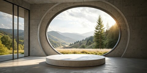Fototapeta premium Panoramic 3D Render of an Empty Concrete Room with Large Circle Window and Round Podium for Product Presentation Against a Nature Background