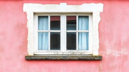 Fototapeta premium Deteriorating wall with water damage and stains framing a window in a pink house exterior showcasing signs of moisture intrusion