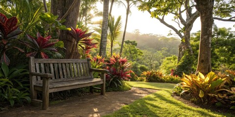 Rustic Wooden Bench in a Tropical Garden with Lush Green Foliage &acirc;&euro;&ldquo; Double Exposure Photography