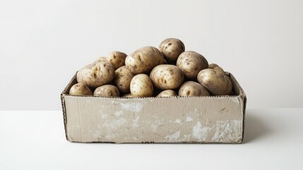Artistic design of a rustic cardboard box brimming with potatoes of various sizes, emphasizing an organic feel on white