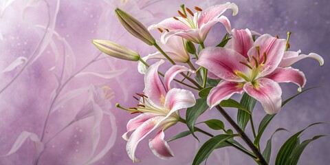 Obraz premium Stunning Double Exposure of Beautiful Pink Lily Bouquet on Purple Background - Close-Up of Fragrant Lilies, Fresh Floral Arrangement, Vibrant Colors, Dreamy Aesthetic