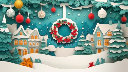 A paper Christmas scene with houses and trees
