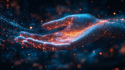human hand reaching out toward vibrant digital streams of data symbolizing connectivity innovation and the merging of technology with human interaction in the digital age emphasizing interconnection