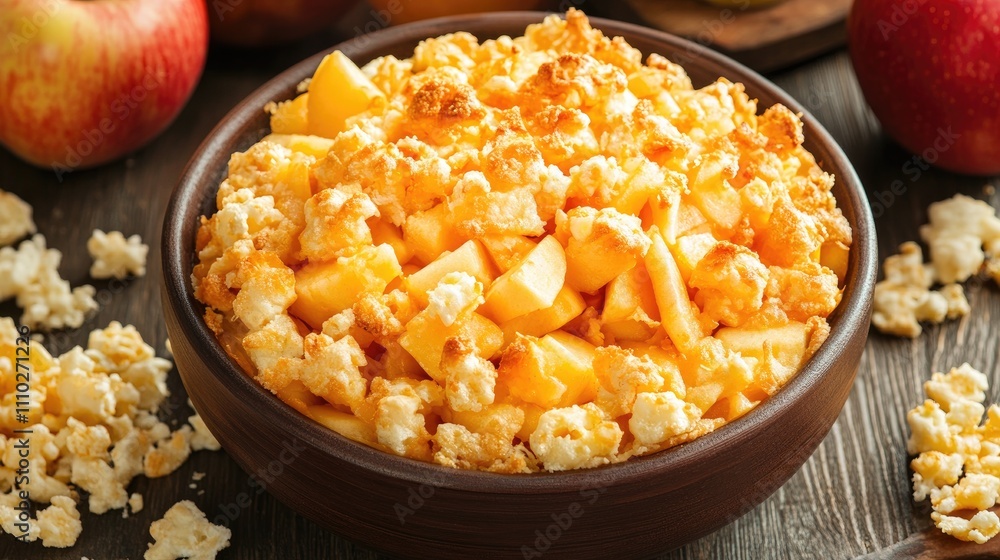 Poster crispy apple pie with a crunchy topping served in a rustic bowl on a wooden table surrounded by fres