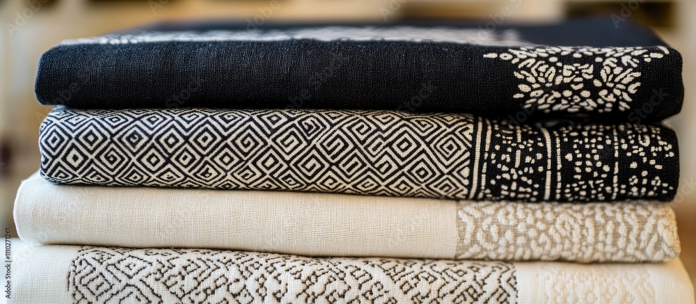 Poster folded black and white peshtemal towels stacked with intricate patterns and textures suitable for ho