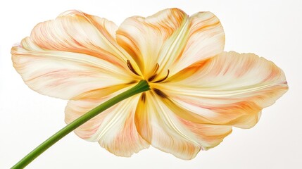 Fototapeta premium Botanical tulip flower with delicate pastel petals showcasing intricate patterns on a soft white background.