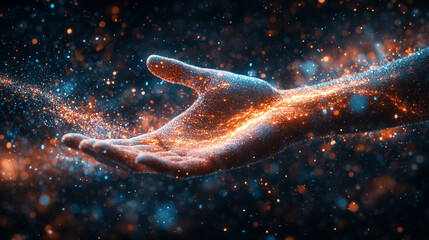 human hand reaching out toward vibrant digital streams of data symbolizing connectivity innovation and the merging of technology with human interaction in the digital age emphasizing interconnection