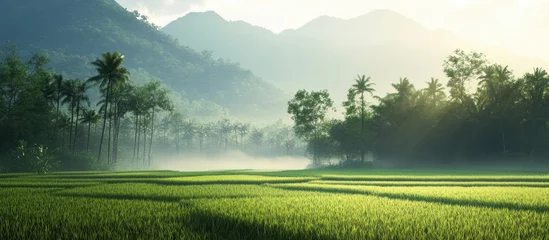 Gardinen Misty dawn over lush green rice fields with mountains in the background and soft sunlight illuminating the landscape © VRVisionary