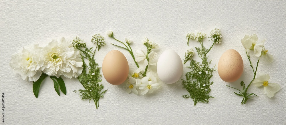 Poster flat lay composition of eggs and fresh flowers on a white background offering ample space for text a