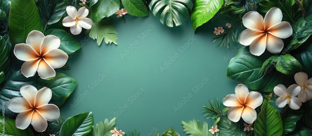 Poster floral and leaf frame on light green background for text placement in flat lay style
