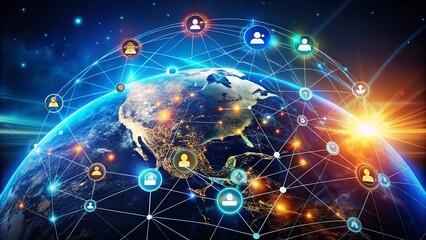 Obraz premium Communication Technology and Global Connectivity: Exploring Business Concepts in the Age of Blockchain, Cryptocurrency, and IoT with Generative AI on a Connected Planet