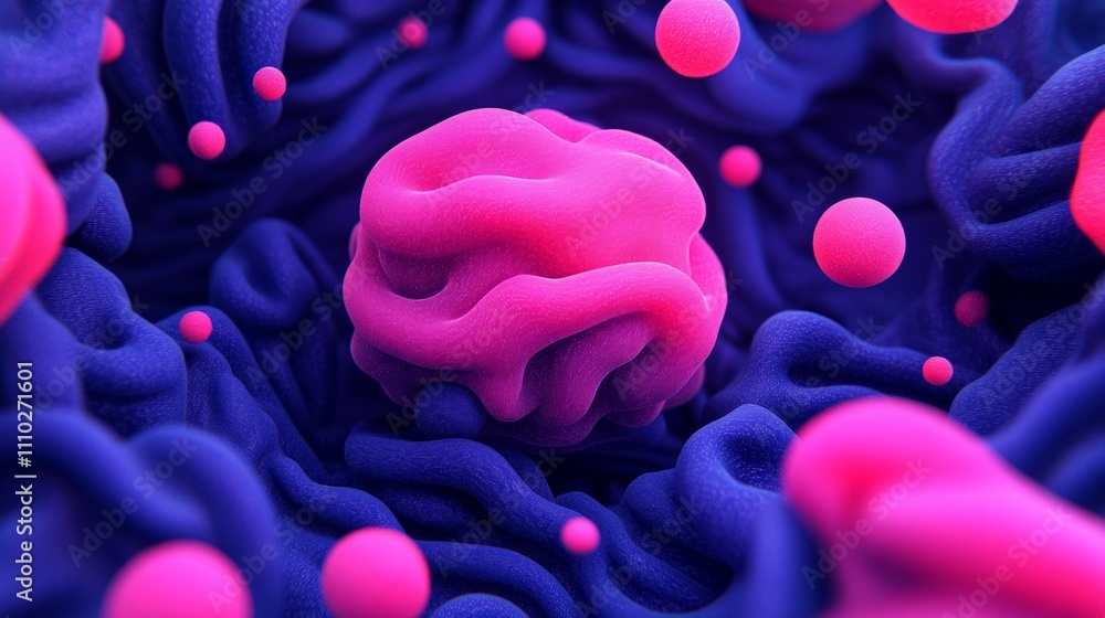 Poster cosmic bloom: abstract 3d render of a vibrant pink organic form nestled within a swirling nebula of 