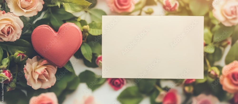 Aufkleber empty note frame with a heart surrounded by blooming roses in a soft blurred background suitable for