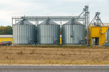 Obraz premium Silver silos are located near the road. A modern grain storage, processing and drying plant against the background of a sunset sky. Grain delivery and transportation.