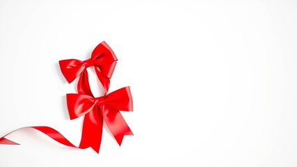 Two elegant red satin bows with trailing ribbon on white background