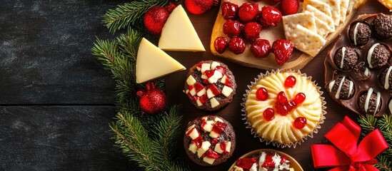 Festive holiday table setting with assorted desserts including chocolate muffins, brie cheese, and decorative garnishes
