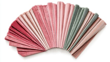 Velvet fabric samples in a fan arrangement showcasing various shades on a clean white background for design inspiration.