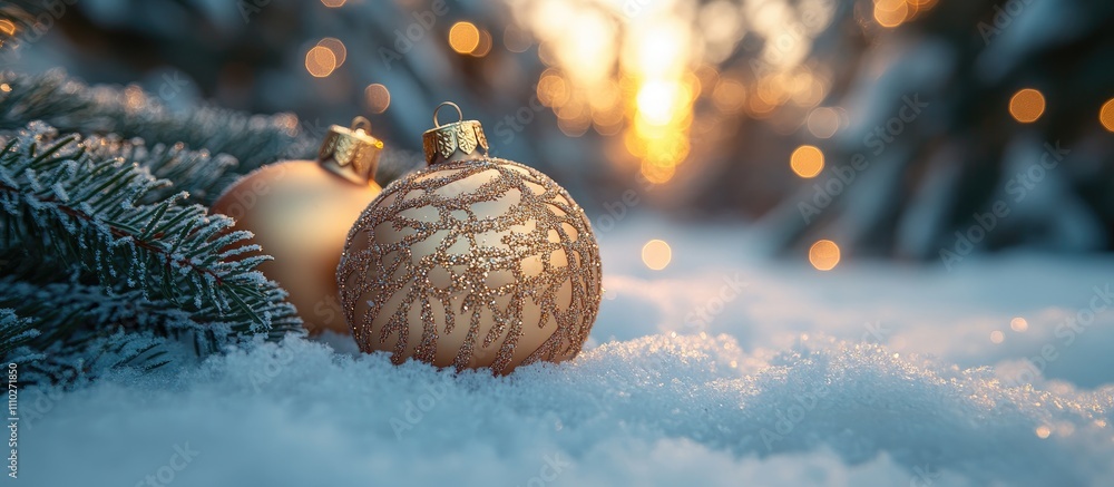Aufkleber golden christmas ornaments resting in snow with soft bokeh lights and snowy pine branches creating a