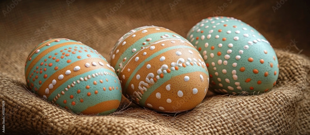 Poster colorful easter eggs decorated with intricate patterns resting on burlap fabric, creating a rustic s