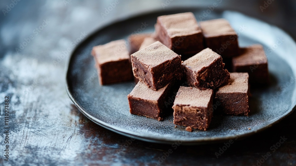 Poster Decadent chocolate brownie squares arranged artfully on a gray plate showcasing a rustic table setting and inviting textures