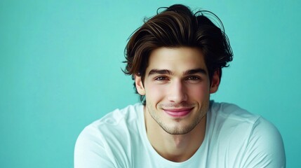 Obraz premium Smiling man in a white t-shirt with tousled hair against a solid colored background showcasing confidence and approachability in a portrait.