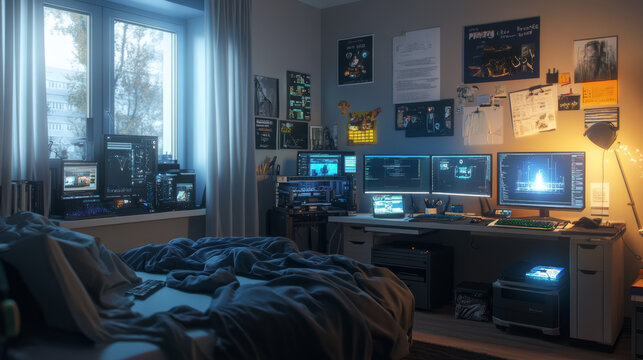 Teenager boy bedroom night interior, gamer, programmer, hacker or trader room with multiple computer monitors at work desk, unmade bed, 3d printer on shelf, placard on wall cartoon vector illustration