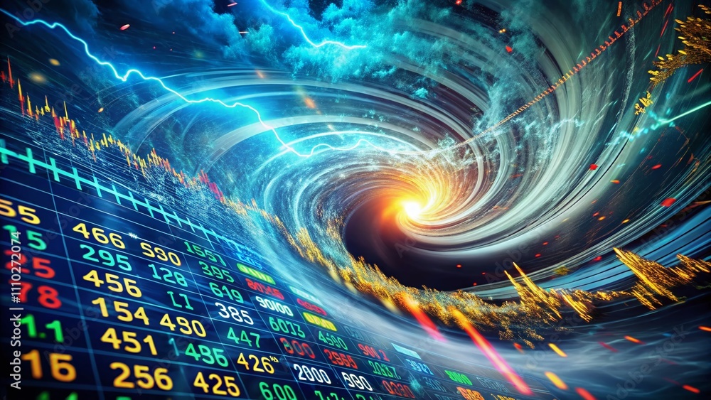 Poster conceptual image depicting a financial storm with swirling graphs and numbers resembling a hurricane