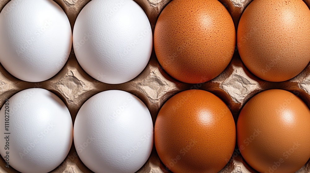Poster Fresh eggs assortment on carton with white and brown varieties top view displaying diversity and abstract concepts of life and color symbolism
