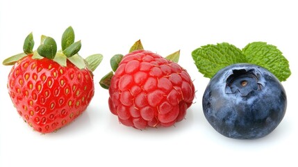Fresh berries and kiwi fruits on white background mixed collection of strawberries raspberries blueberries and mint leaves flat lay