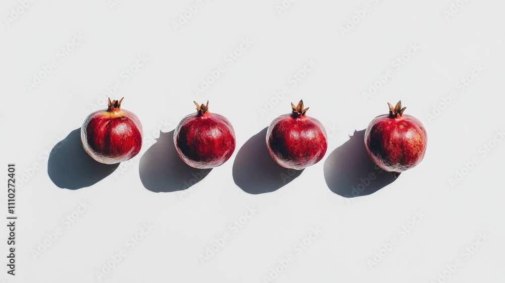 Poster pomegranates arranged in a row casting shadows on a clean white surface showcasing their vibrant col