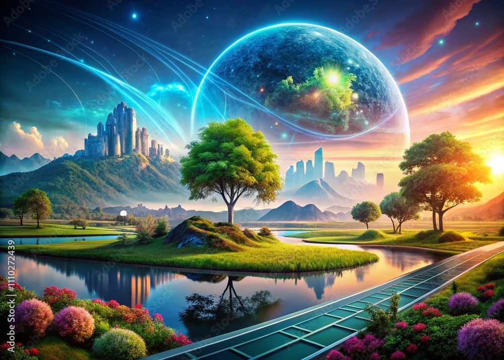 Poster conceptual photography exploring the intersection of technology and humanity in a futuristic landsca