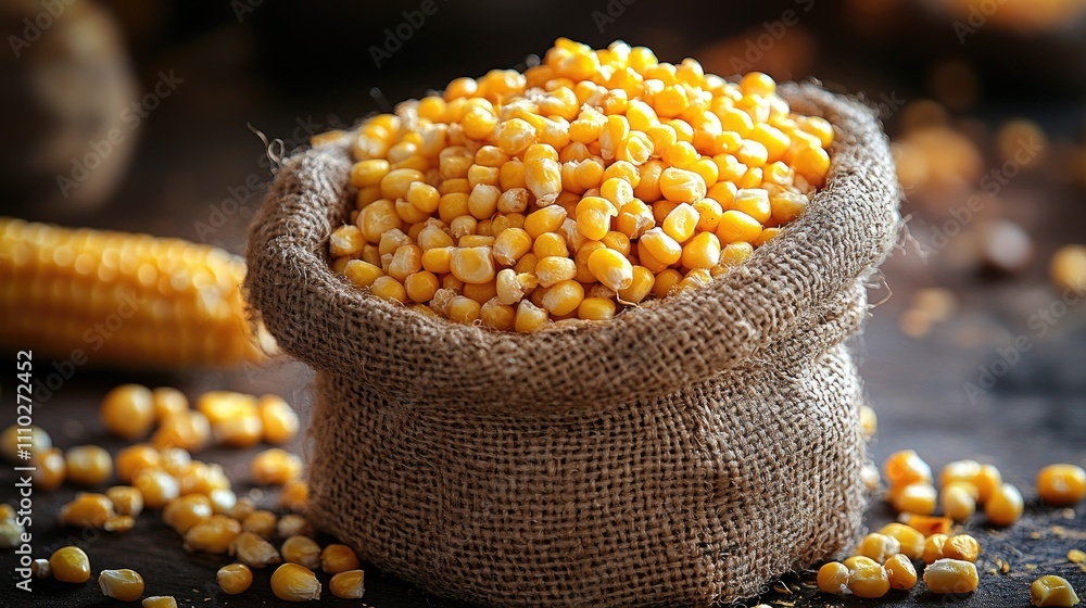 Poster golden corn kernels in a rustic burlap sack on a wooden table with scattered grains and cob for a na