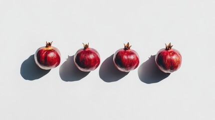Pomegranates arranged in a row casting shadows on a clean white surface showcasing their vibrant color and texture