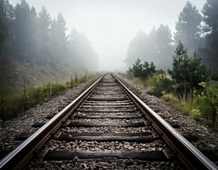 Fototapeta premium A serene railway track stretches into the distance, disappearing into a misty forest, surrounded by lush greenery and fog.