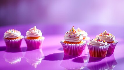 Delightful Sweet Treats A Collection of Vanilla Cupcakes with Colorful Sprinkles on a Purple Surface