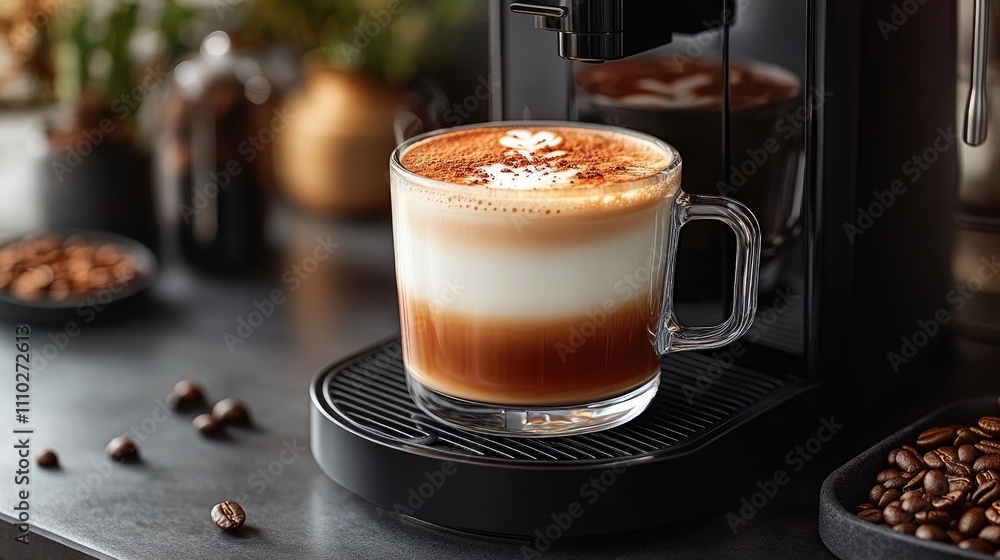 Poster making a latte coffee with creamy froth using a modern espresso machine in a stylish kitchen setting