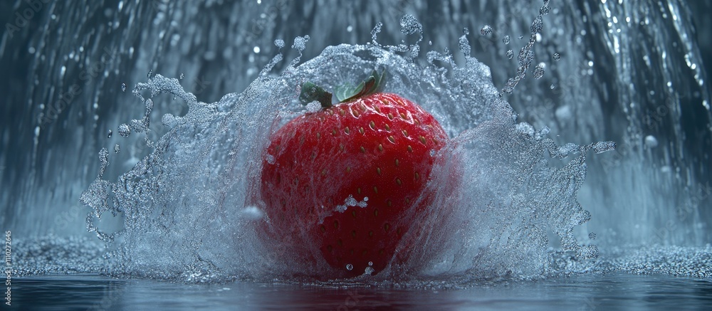 Poster strawberry splashing into water creating refreshing and vibrant droplets capturing the essence of fr