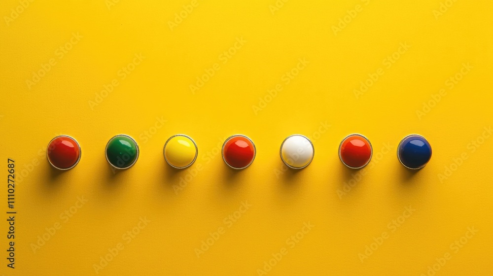 Poster vibrant push pins in various colors arranged on a bright yellow background ideal for creative projec